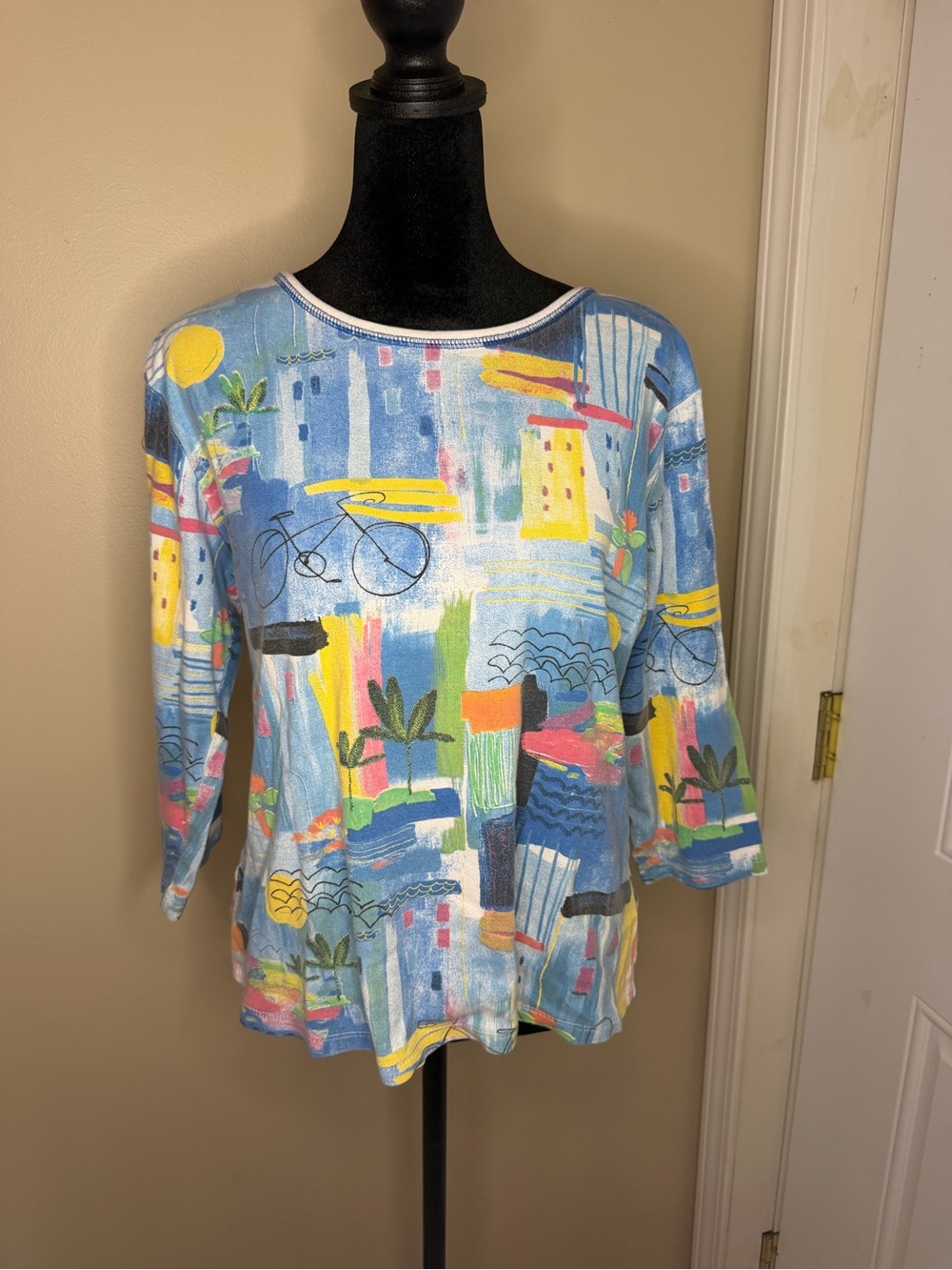 Jess & Jane Women 3/4 Sleeve Top Bicycle Palm Tree Coastal Art Shirt USA
